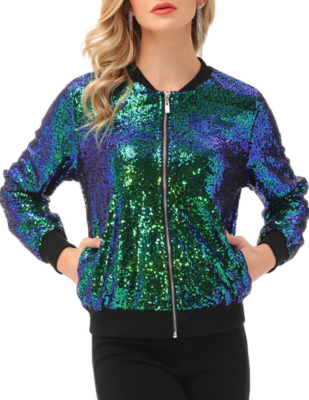 KANCY KOLE Chaqueta de lentejuelas para mujer, informal, manga larga, con cremal