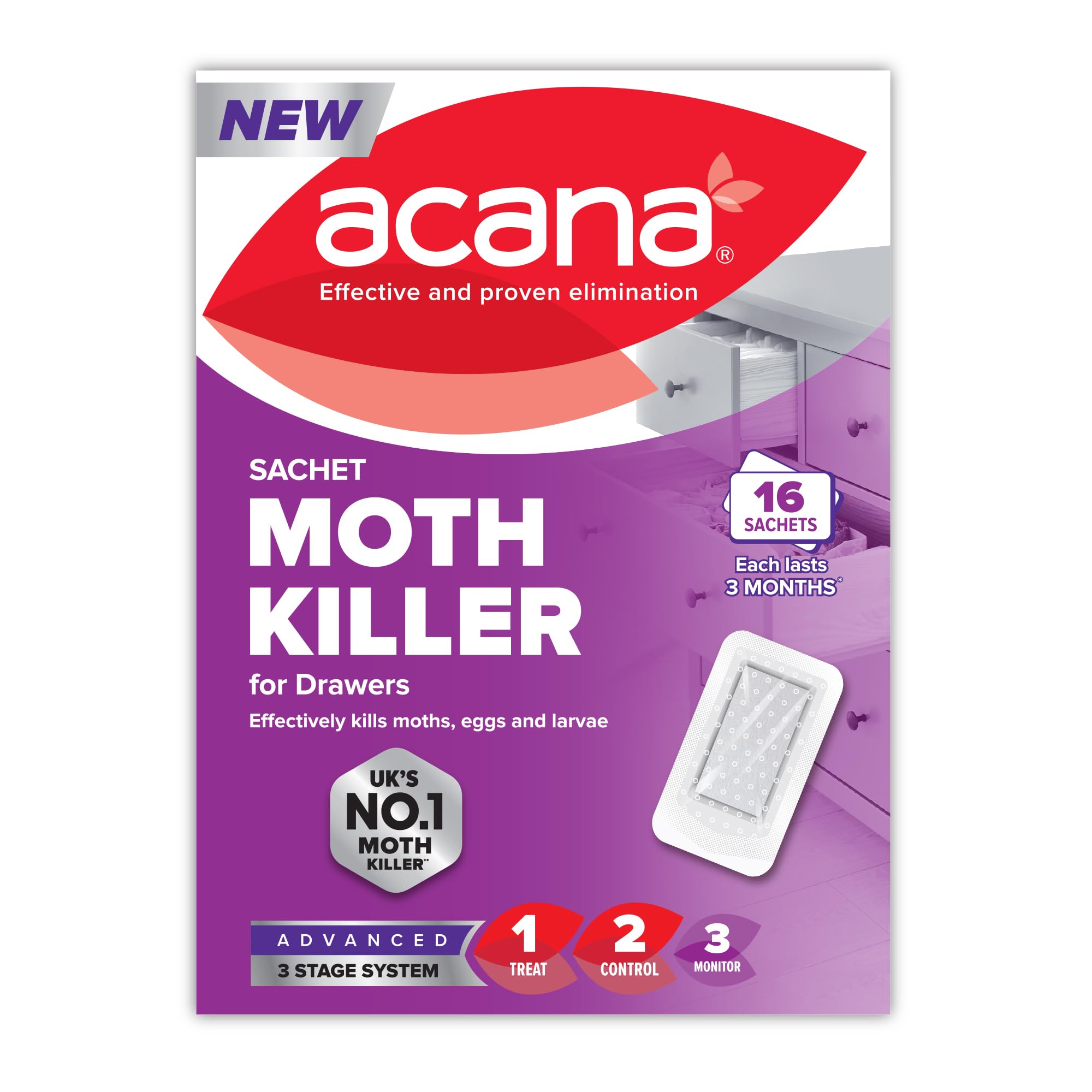 Acana Sachet Moth Killer 16 Pack- For Drawers & Storage- Protects Clothing & Bed