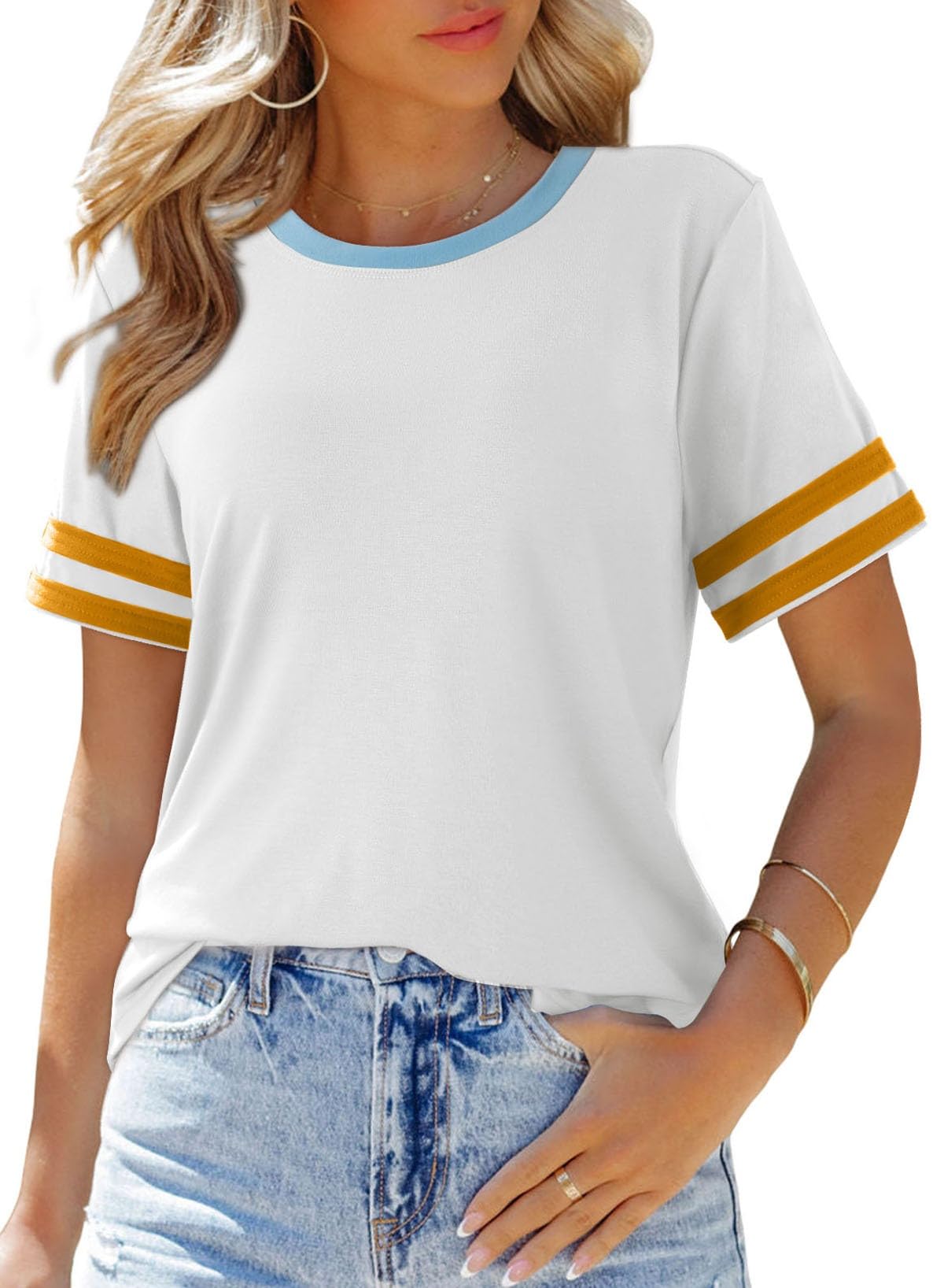 SHEWIN Women's Fashion Casual Crewneck Color Block T Shirts Short Sleeve Summer 