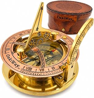 Brass Sundial Compass in Leather Case - Nautical Gifts for Men, Antique Sailing Anniversary Gadget for Him, Unusual Unique Nautical Decor, Naval Maritime Pocket Watch Clock (2.7" Inch)