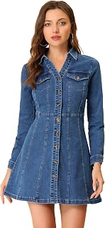 Allegra K Womens Denim Dresses Collar V Neck Long Sleeve Jean Dress