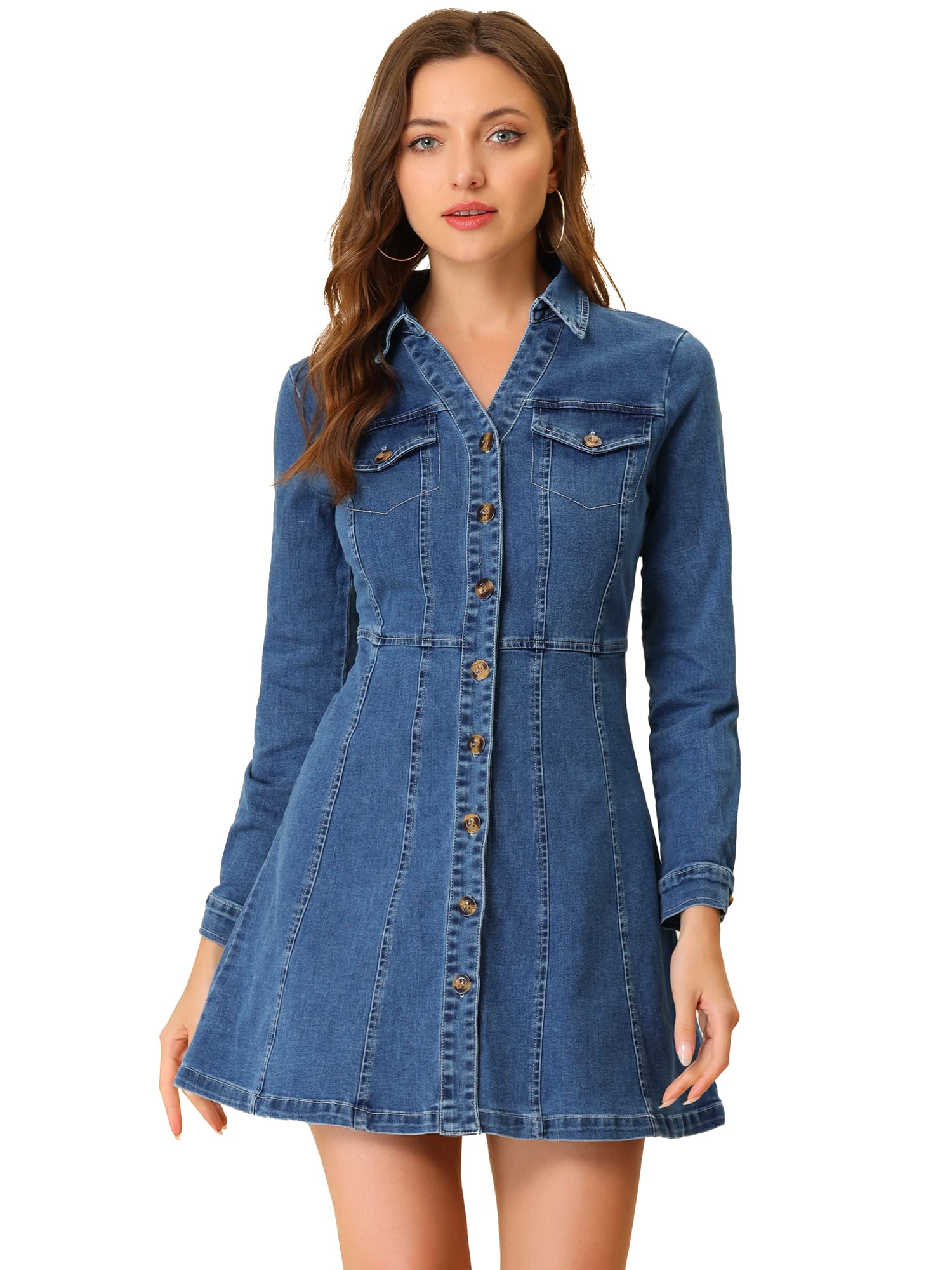 Allegra K Womens Denim Dresses Collar V Neck Long Sleeve Jean Dress