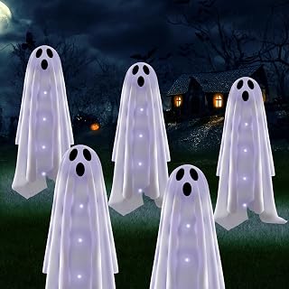 Betrihyes Halloween Decorations Solar Garden Lights Outdoor,6PACKS Halloween Ghost Decorations Lights with Scary Party Gifts Decor,Solar Scary Ghost Path Lights for Halloween Party Decor Cold White