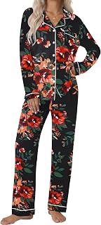 Ekouaer Women's Lightweight Pyjamas Set Soft Short Sleeve Pyjamas Long Trousers with Buttons on the Lapel with Pocket