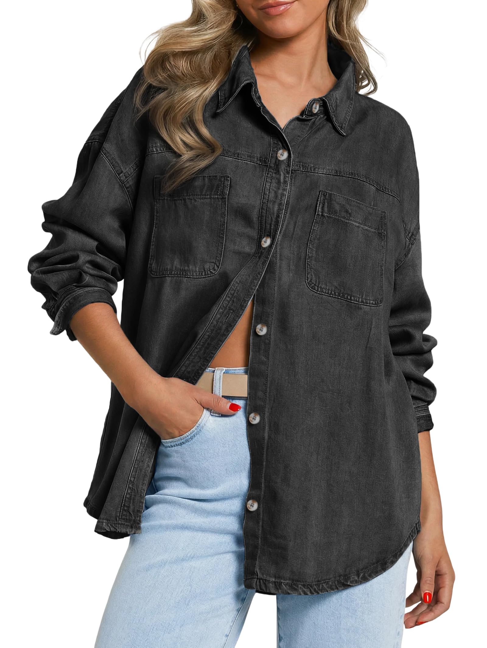 EMMIOL Women Denim Shirts Oversized Long Sleeve Button Down Blouse Distressed Je