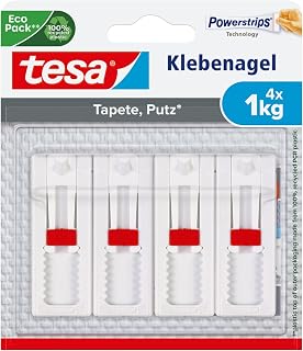 tesa Klebenagel für Tapete & Putz, verstellbar - 4 Nägel inkl. tesa Strips | Height-adjustable wall nails for sensitive surfaces - self-adhesive, 1 kg holding force per nail - no drilling required