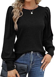 Hotouch Women's Tops Puff Sleeves Round Neck Jumpers Lightweight Long Sleeve Sweater Autumn Winter