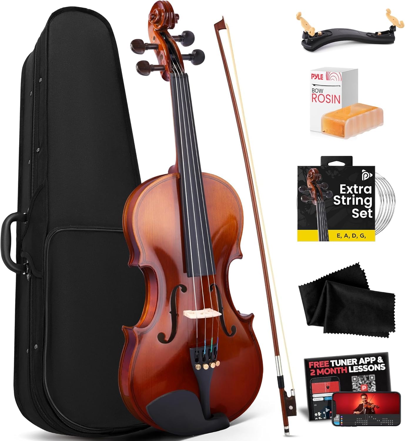 Pyle 1/2 Half Size Acoustic Violin for Beginners – Complete Violins Set with Har