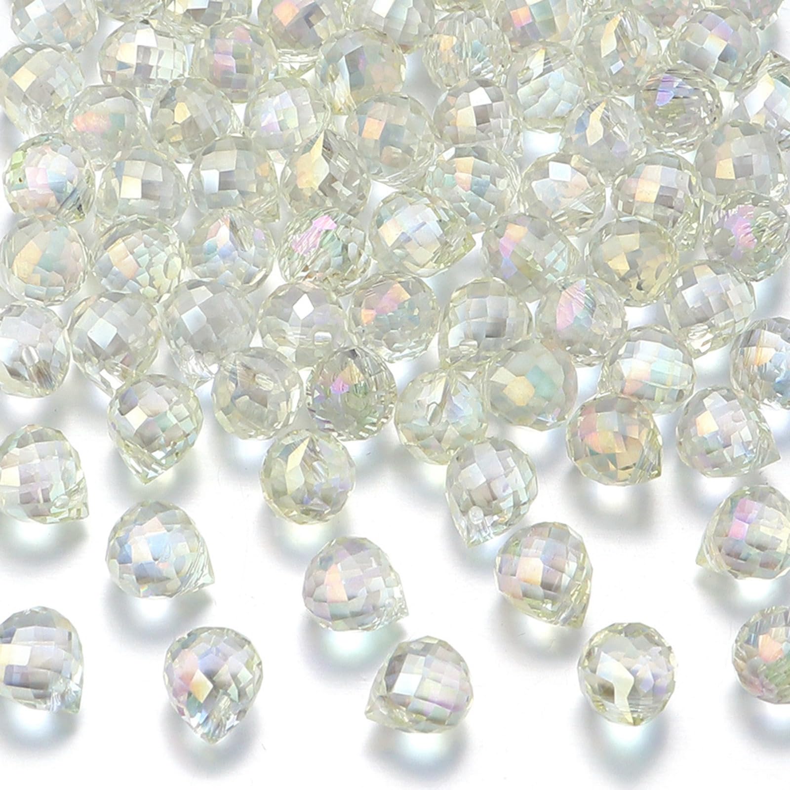 Generic - 100pcs White Floral Teardrop Glass Beads - AB Color Plated Faceted Bea
