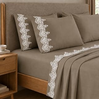 PETTI Artigiani Italiani – Set of Double Bed Sheets Percale Cotton with Lace Macramè Taupe, 4-Piece Bed Set, 100% Made in Italy