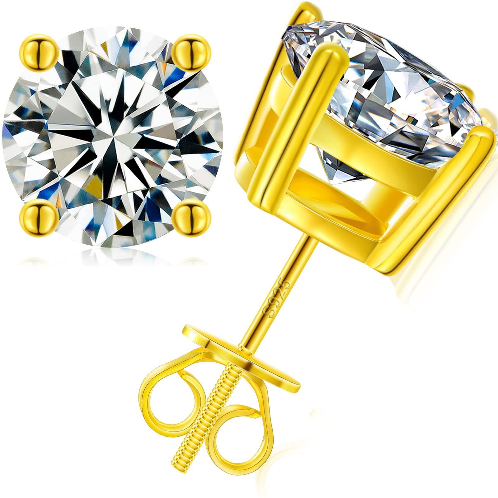 Moissanite Stud Earrings Screw Back 3-10mm 0.2ct-8.0ct 18K White Yellow Rose Gol
