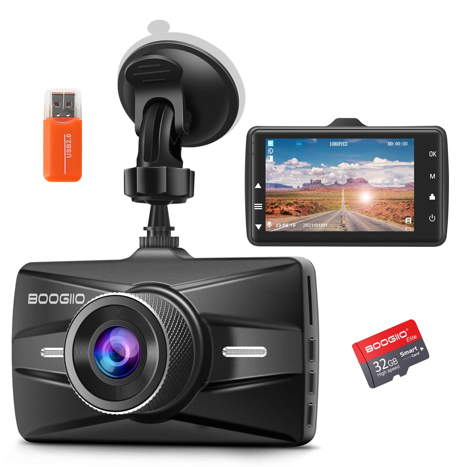 Dash Cam Front with 32G SD Card, BOOGIIO 1080P FHD Car Driving Recorder 3'' IPS 