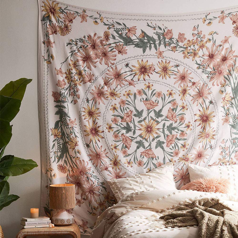 Bohemian Beige Mandala Wall Tapestry Hippie Flower Medallion White Crown Aesthet