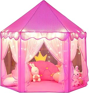 Wilwolfer Princess Tent Girls Play Tent Kids Indoor Castle Play House, Pink | Large 48 x 52 in with Lights Spacious Enough for 2-3 Kids to Play, Read or Relax Inside Gift Toy for 2-6 Year Old Girls
