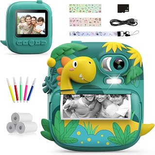 CAMCLID Kids Instant Print Camera, 1080P HD Video & 2.4" Screen Toy Camera | Includes 32GB Card & Print Paper, Inkless Print, 16X Zoom, Christmas Birthday Dinosaur Gifts for Boys Girls Age 3-12