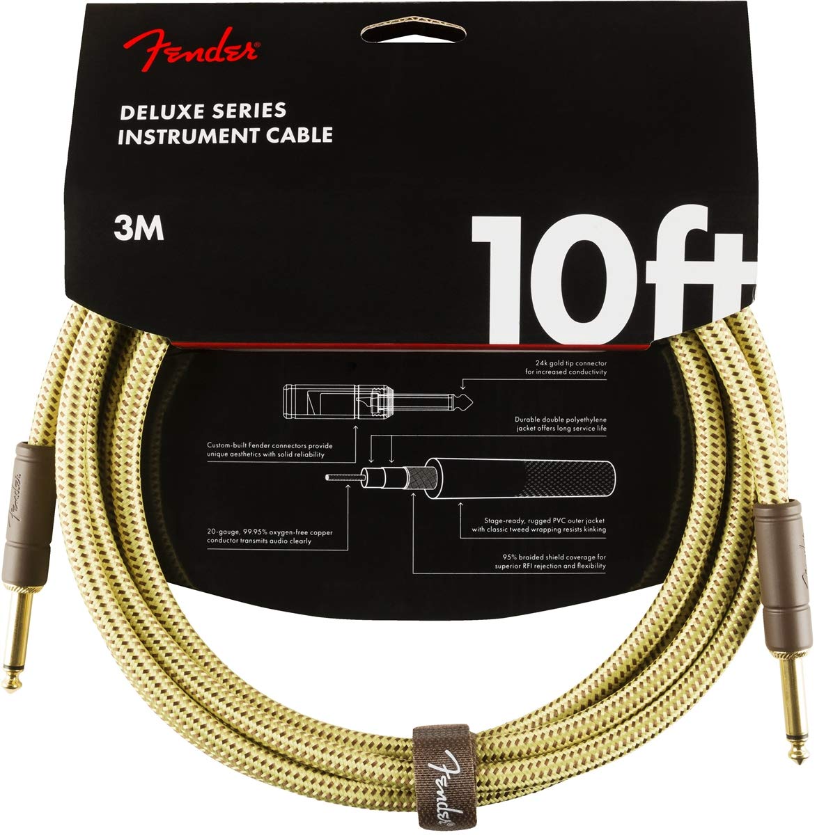 Fender Deluxe Instrument Cable, 10ft, Straight/Angle, Gold-Plated Jacks, Tweed