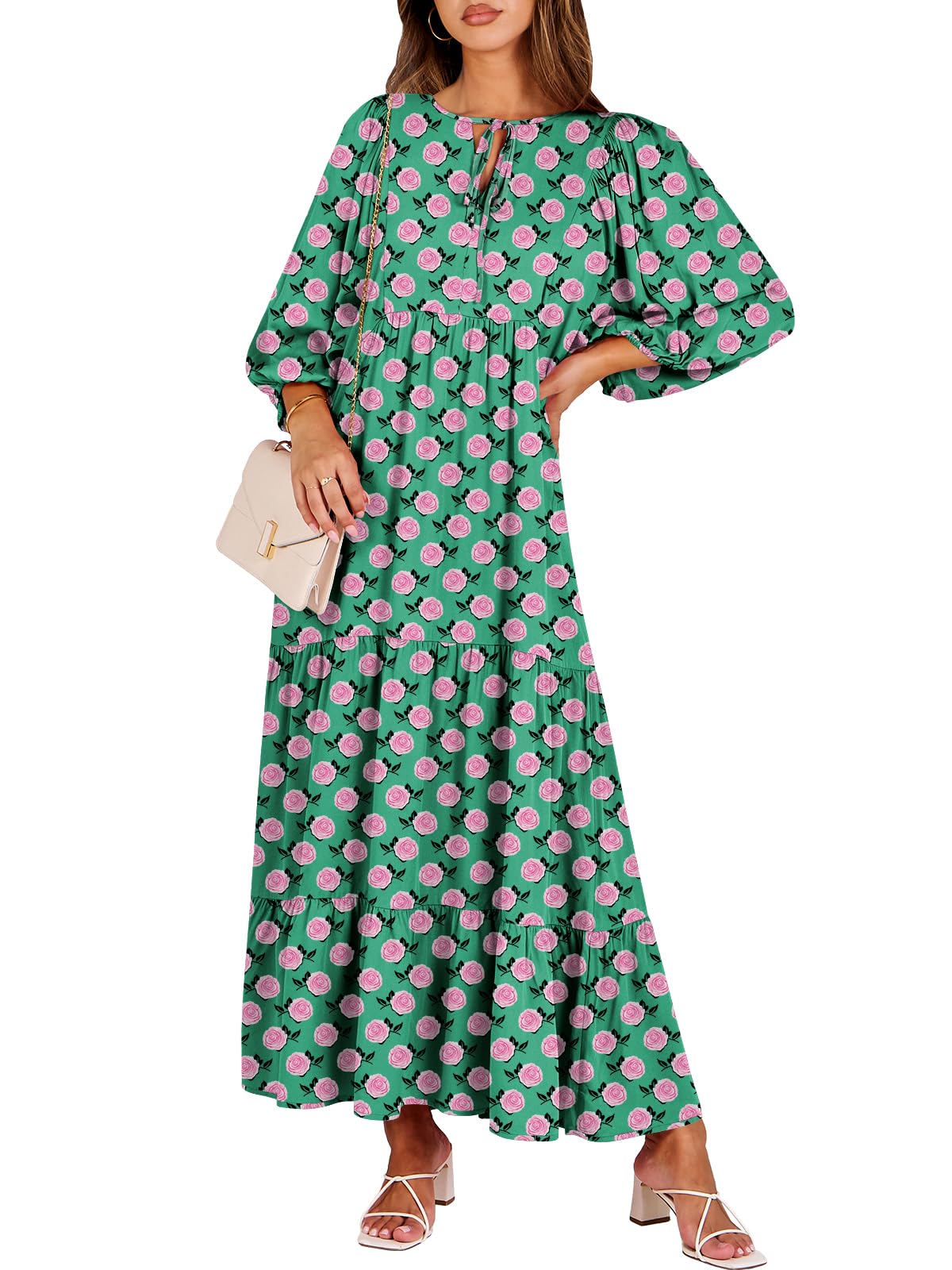 ANRABESS Womens Boho Maxi Dresses 2026 Summer V Neck Puff Sleeve Floral Flowy Sw