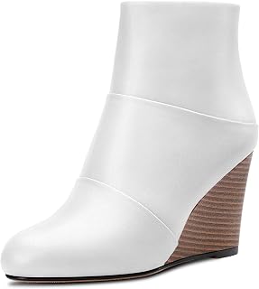 HDEUOLM Women's High Wedge Esparto Heel Closed Toe Round Toe Ankle Boots 8.5 CM Heels Slip-on Zipper Cute Shoes