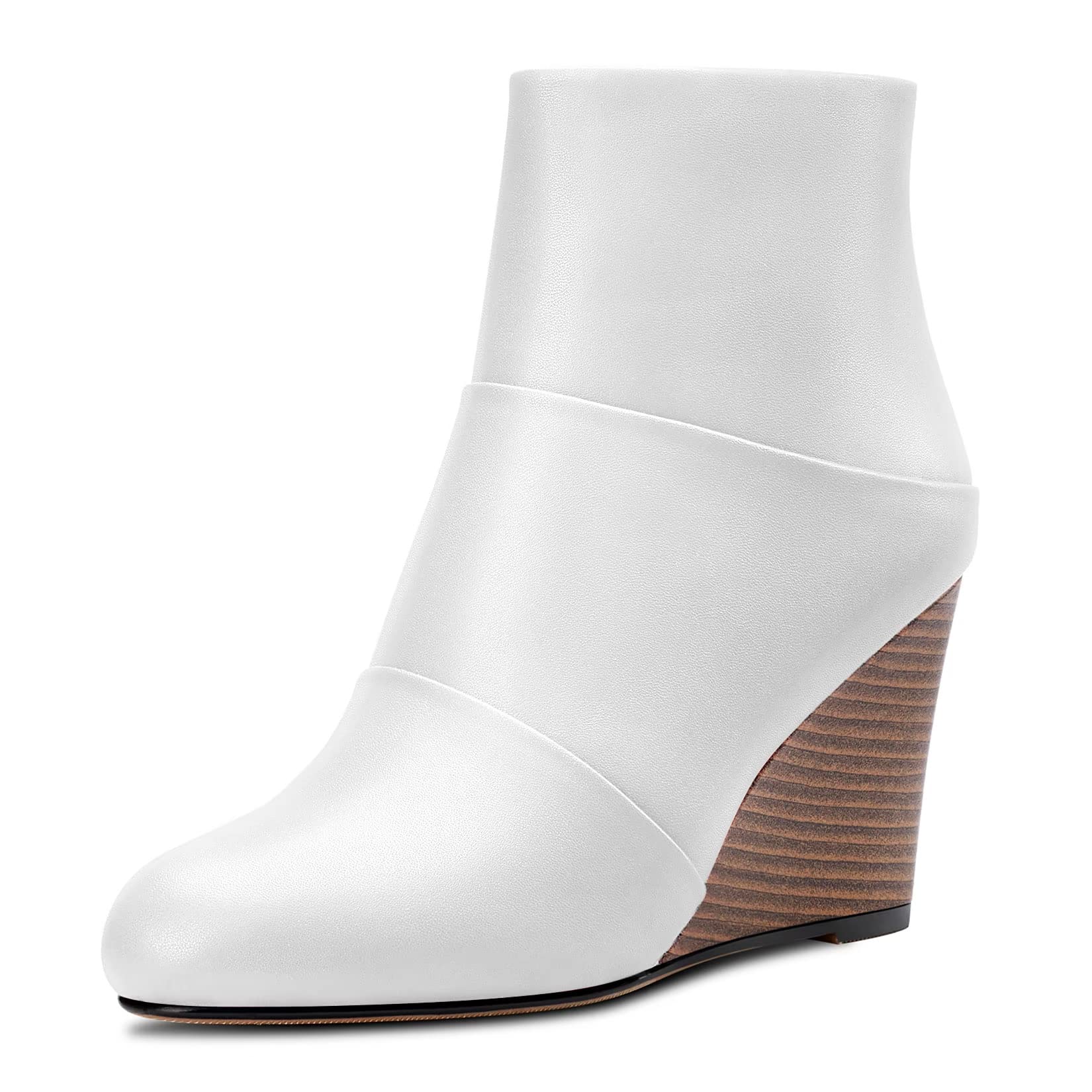 HDEUOLM Women's High Wedge Heel Closed Round Toe Ankle Boots 8.5 cm Heels Slip-o