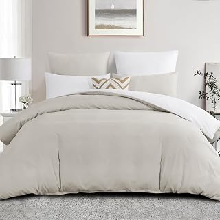 Aisbo Double Size Duvet Cover Set - 3Pcs Reversible Bedding Bed Set Beige and White Double Soft Brushed Microfiber Quilt Cover with 2 Pillowcases 50x75cm