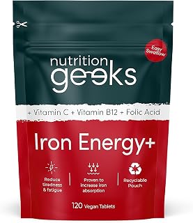 Iron Tablets High Strength - Energy Tablets with Vitamin C, B12 & Folic Acid - 120 Vegan Iron Supplements for Women and Men - 14mg - Enhanced Energy Support & Increased Absorption - UK Made