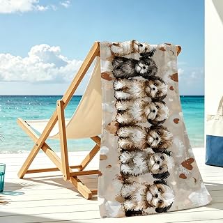 Cute Dog Microfiber Sandless Beach Towel 27.5" x 55" Brown Puppy Print Thin Quick Dry Oversized Large Towel for Travel, Yoga, Pool, Bath, Absorbent Lightweight Towel for Dog Lovers