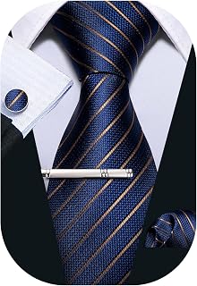 Barry.Wang Men Tie Stripe Plaid Silk Ties Pocket Sqaure Cufflink Tie-Clip 4PCS Set Classic Business Wedding Necktie