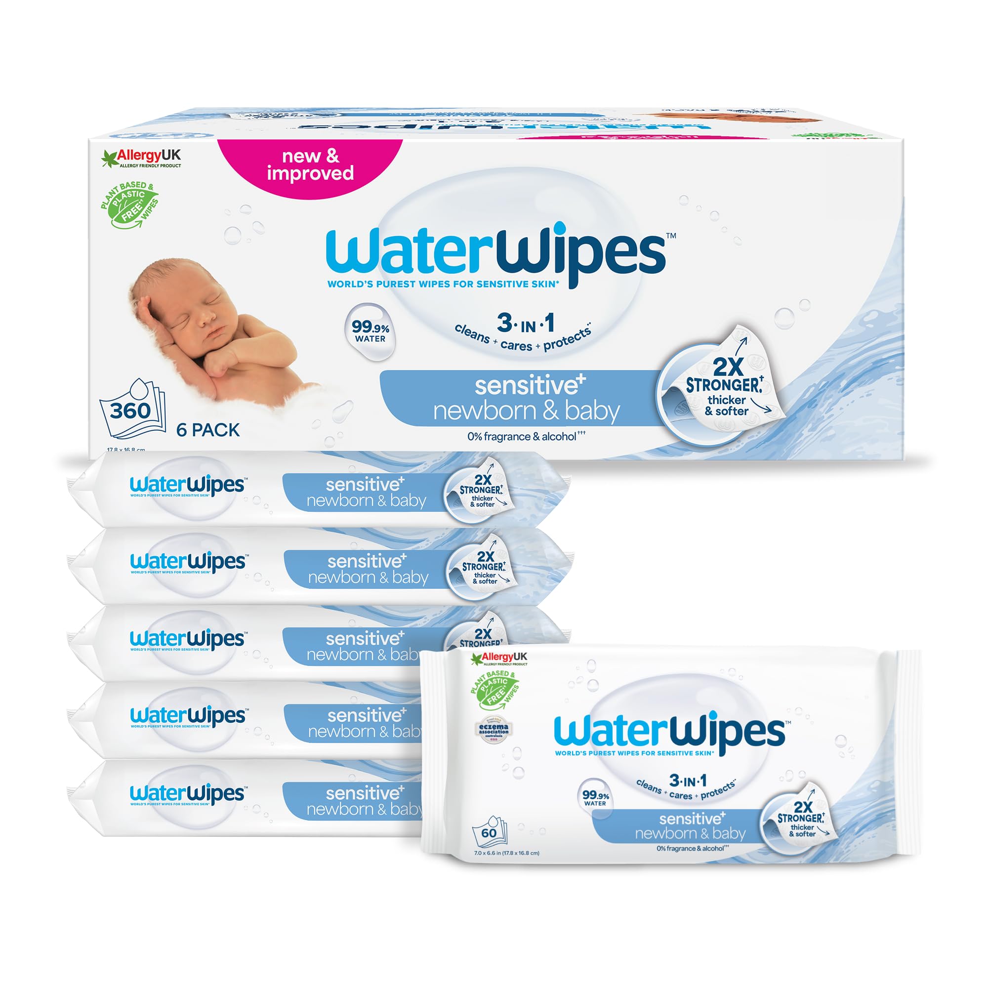 WaterWipes Sensitive Skin+ Newborn and Baby Wipes, 6 Packs | 360 3-in-1 wipes th
