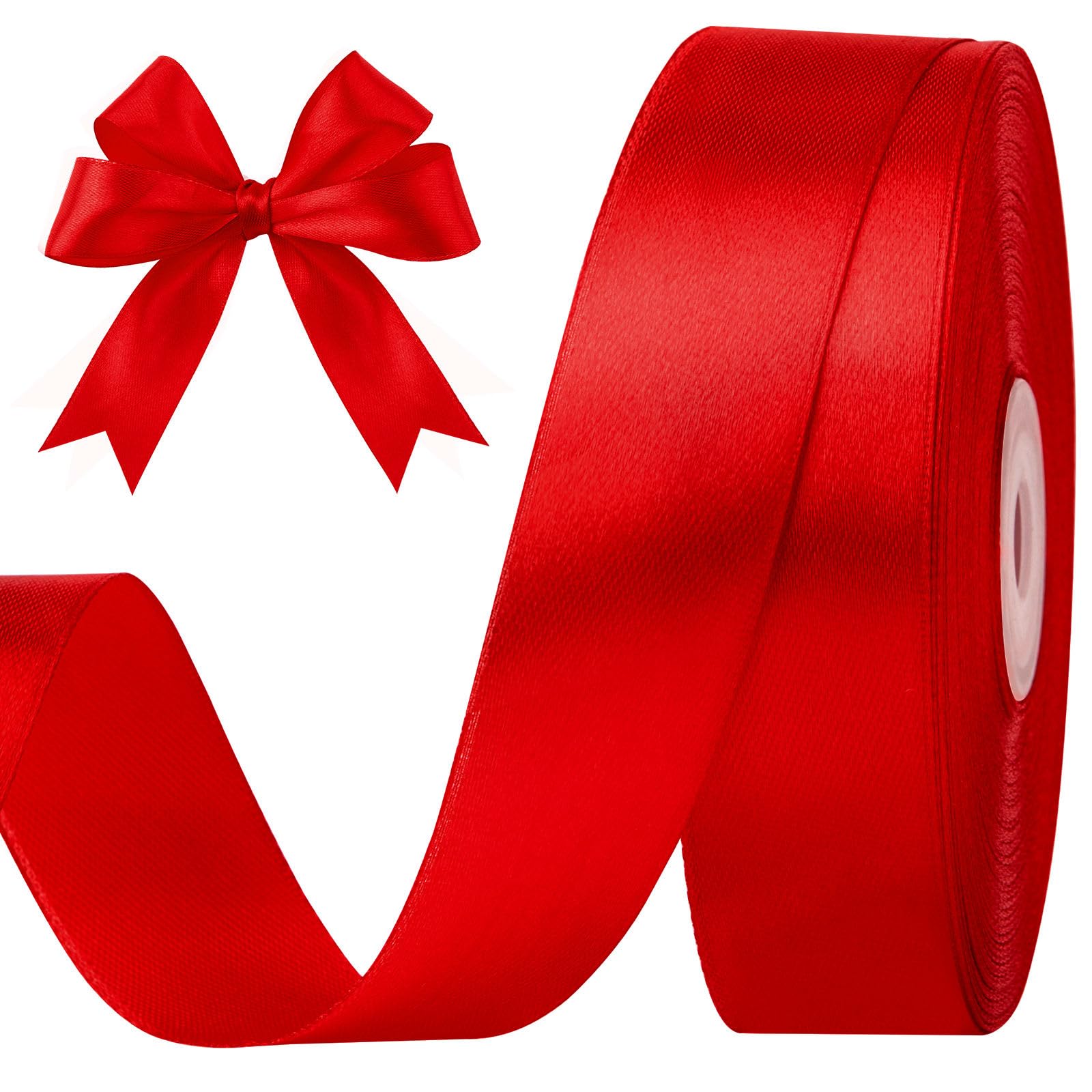 1 Inch 50 Yards Red Satin Ribbon, Solid Fabric Ribbon Roll for Flower Bouquets, 