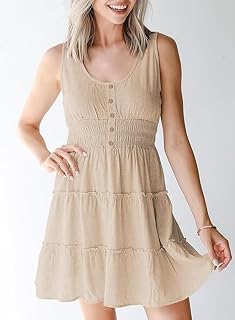 Women's Sleeveless Tiered Casual Summer Dress Button Front Smock Waist Flowing Sundress