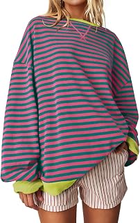 UEU Women Plus Size Striped Crew Neck Long Sleeve Color Block Casual Sweatshirts for Training