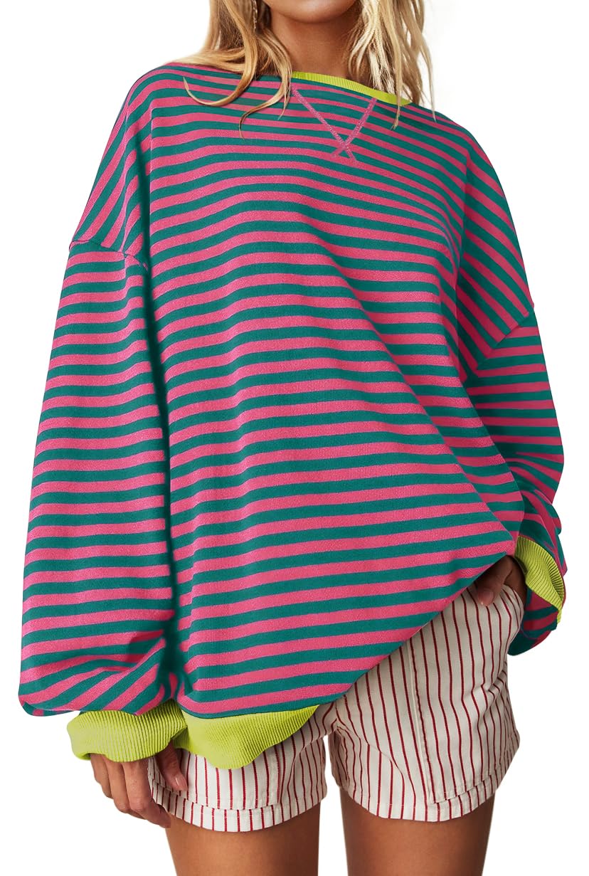 UEU Women Plus Size Striped Crew Neck Long Sleeve Color Block Casual Sweatshirts