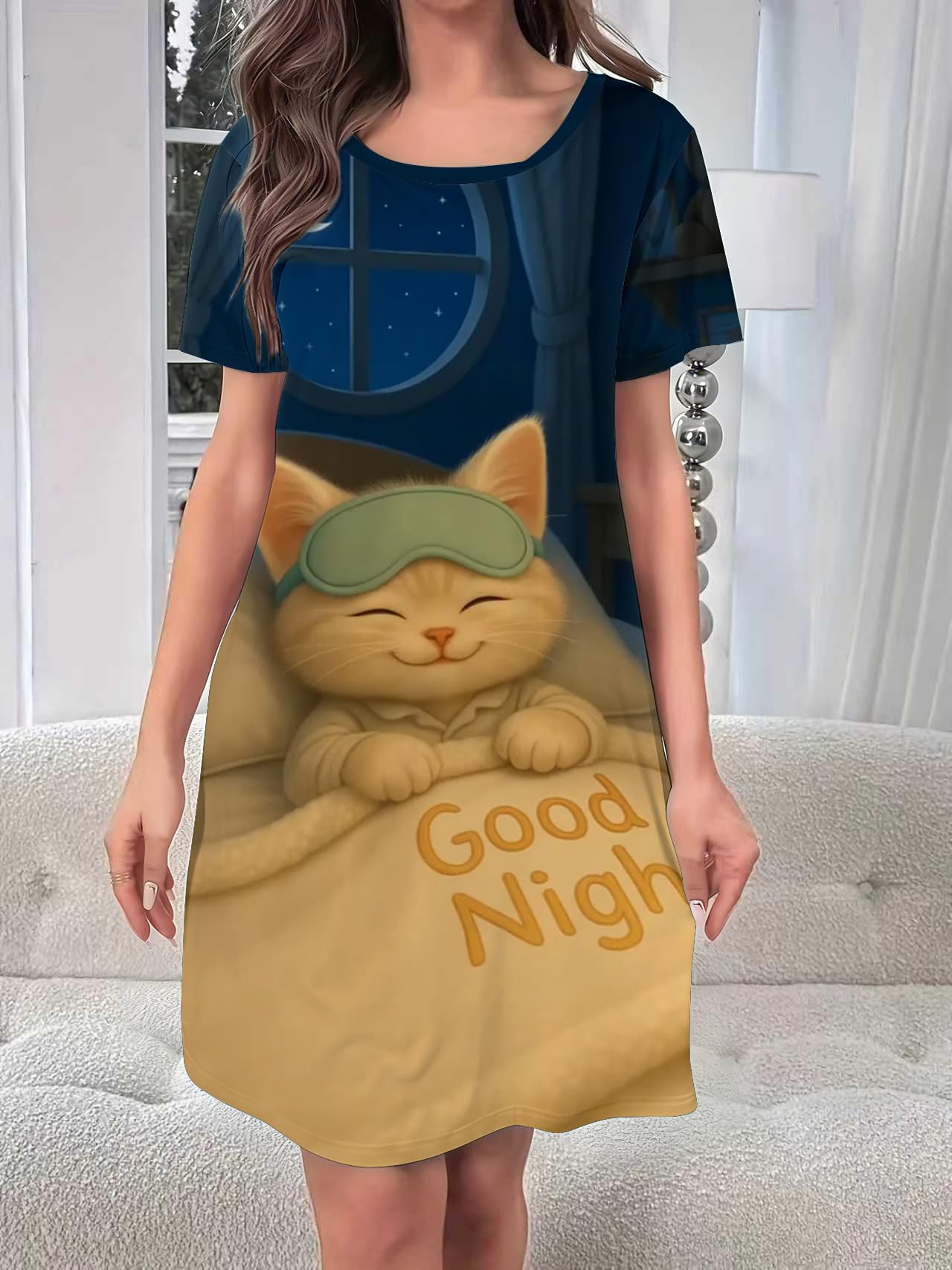 Women Nightgown Short Sleeve Sleep Shirt 3D Printed Pajama Dress Casual Lounge S