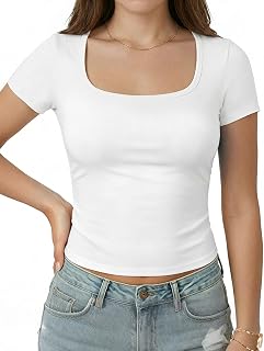 YOGINGO Women's Short Sleeve Basic Square Neck Slim Fit Tee 2025 Summer Y2k Going Out Crop Top Tight Sexy Shirts