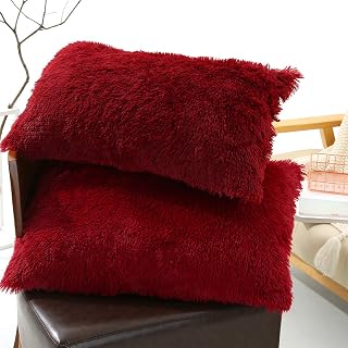 Solid Plush Standard/Queen Pillowcase 2 Pack Super Soft Fluffy Faux Fur Shaggy Pillow Cases/Covers Decorative Throw Pillow Shams with Zipper Closure (Standard/Queen-Pillowcases Only, Burgundy)