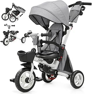 JMMD 8-in-1 Toddler Tricycle with Push Handle, Trike Stroller for Ages 1-5 | Foldable Kids Tricycle with Canopy & Storage, 360° Swivel Seat, Multi-Position Recline, Dual Brakes, Baby Birthday Gift & Toy