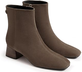 Coutgo Ankle Boots for Women Low Heel Square Toe Side Zipper Winter Dress Shoes