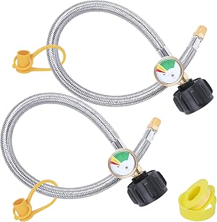 Tottist 15 in RV Propane Hoses with Gauge, Stainless Steel Braided Camper Tank Hose,Propane Pigtail Hose Line for Camper Standard Dual Stage Regulator,1/4-Inch Male,40Lb 250PSI,NPT x QCC1 Fittings.