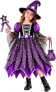 Generico Halloween Dress Girl Witch, Witch Costume for Girls Set 4 Pieces with Dress Hat Wand Bag for Halloween Carnival Show Party 4-14 Years