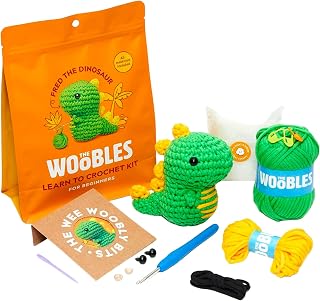 The Woobles Crochet Kit for Beginners (Fred the Dinosaur) | As seen on Shark Tank, Kit includes: Easy Peasy Yarn, pre-started piece, hook, safety eyes, stuffing, video tutorials