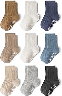Bearbay Non-Slip Toddler Socks 9 Pairs Cotton Crew for Baby Boys Girls