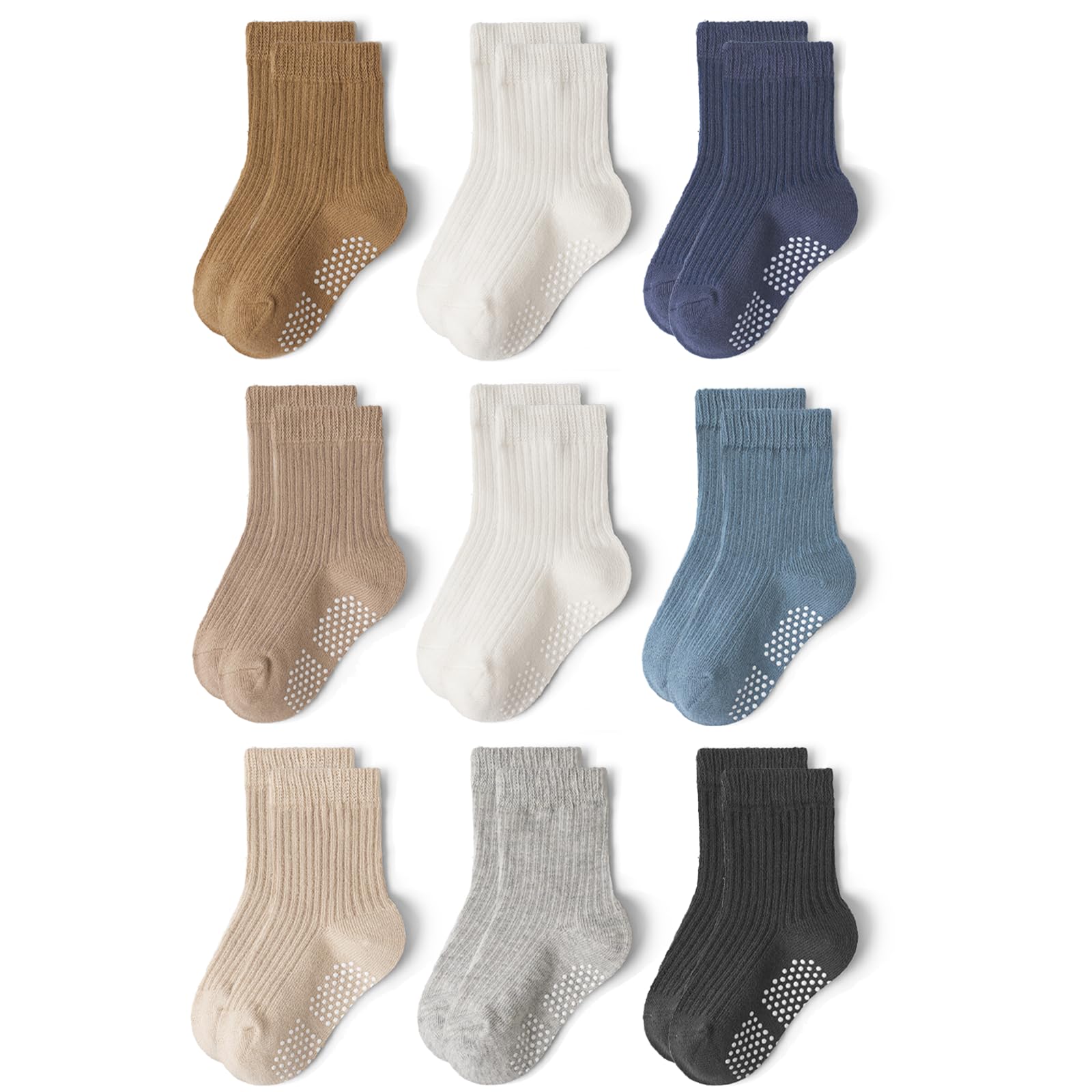 Bearbay Non-Slip Toddler Socks 9 Pairs Cotton Crew for Baby Boys Girls