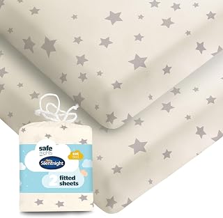 Silentnight Safe Nights Fitted Sheet - Cot Bed Mattress - Breathable 100% Cotton Jersey - Super Soft Kind to Baby Skin - 140x70cm - Secure Fit with Elasticated Corners - 2 Pack, Grey Stars