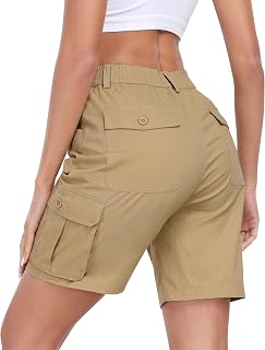MoFiz Cargo Bermuda Shorts for Women, Button Pockets, Elastic Waist, Knee Length, Long Shorts for Hiking and Summer