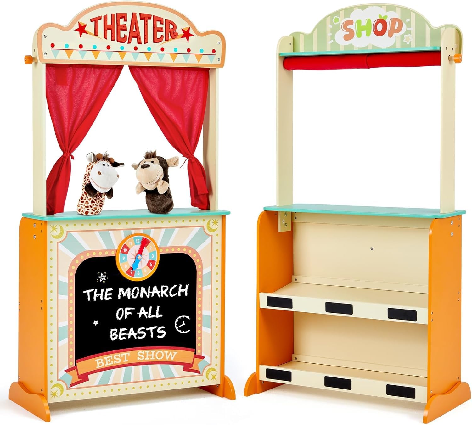 labebe - Deluxe Wooden Puppet Theater Bonus 2 Hand Puppet, ﻿2-in-1 Clock Theater