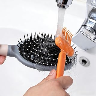 Hair Brush Cleaner Tool 2 in 1 Orange Comb Cleaning Brush with Hair Remover Claw Mini Rake for Airbag Cushion and Roller Combs, Portable and