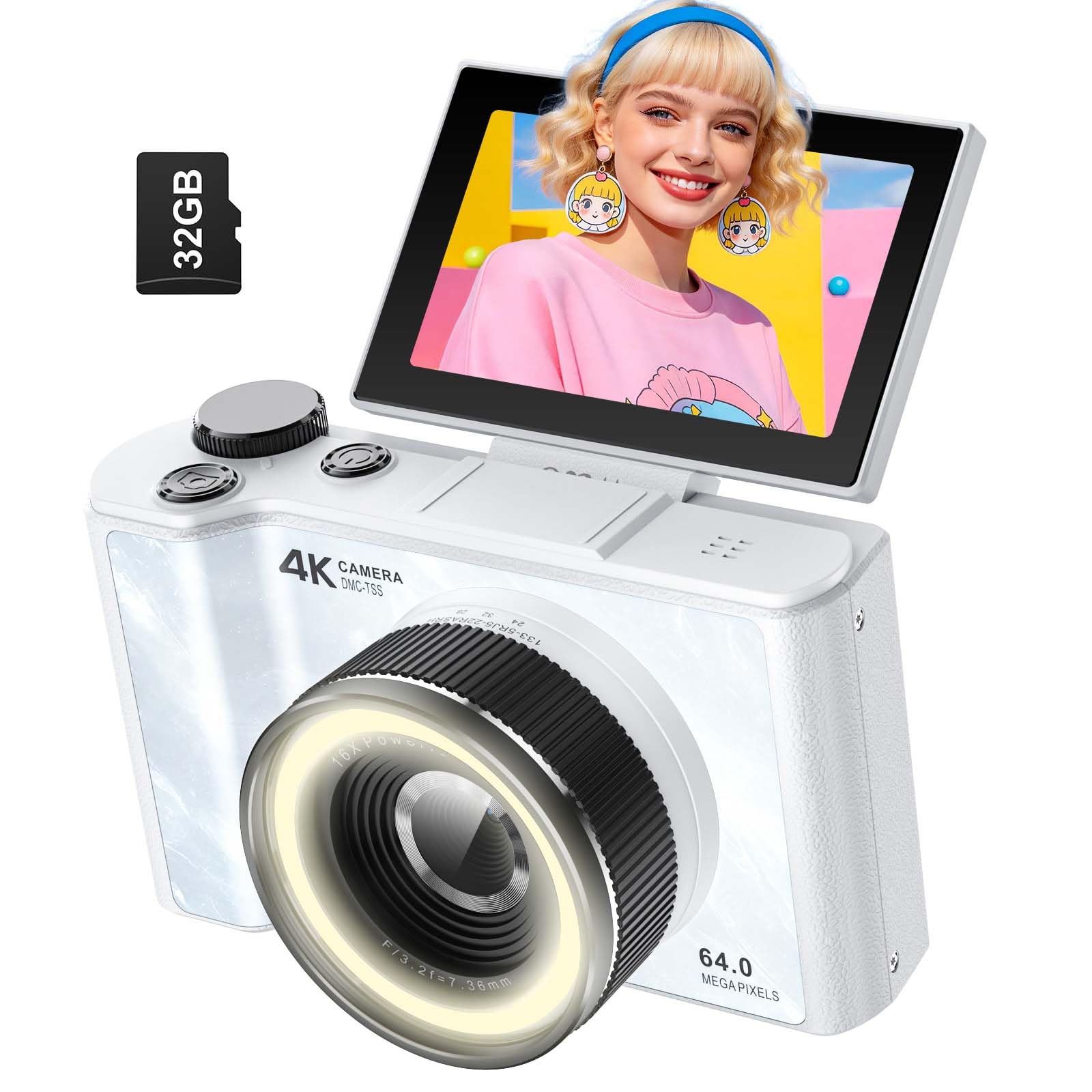 W & O 4K Digital Camera for Photography,Flip Screen Digital Camera for Kids | 64