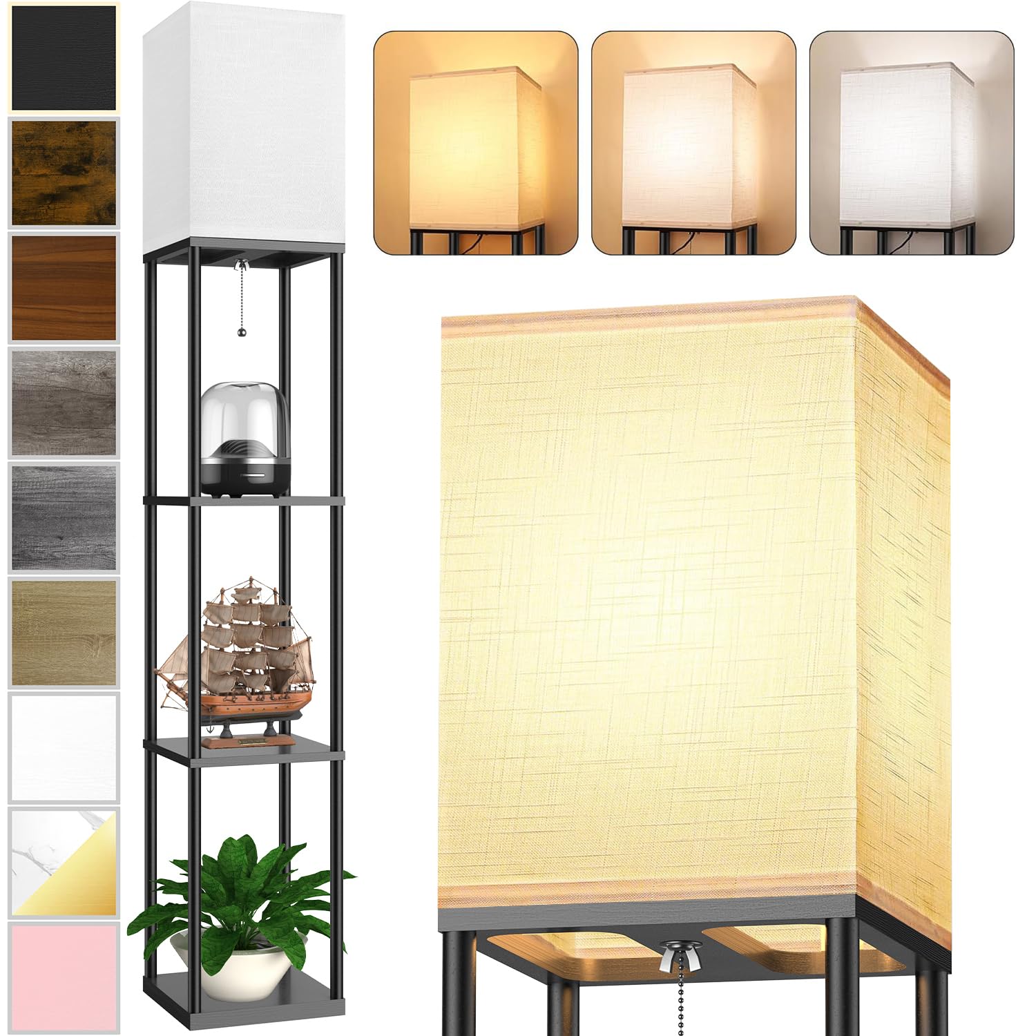 Floor Lamp with Shelves for Living Room, Shelf Floor Lamp with 3 CCT LED Bulb, C