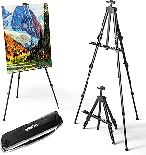 Nicpro Painting Easel Stand for Display Sign, Adjustable Height 17" to 66" | Portable Floor Art Easel Up to 25 LBs, Metal Tripod Black Display Artist Easels Stand for Poster, Wedding Sign with Carry Bag