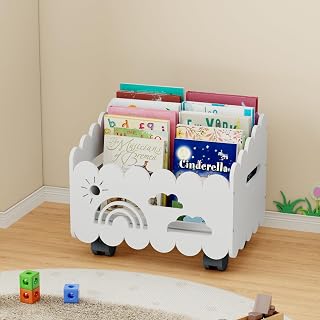 Wood Kids Bookshelf, Montessori Bookshelf, with 2 Adjustable Dividers, 4 Wheels Suitable Kids Rooms, Nursery & Classroom, Book Shelf for Kids Rooms, Toddler Book Rack, Nursery Book Shelves